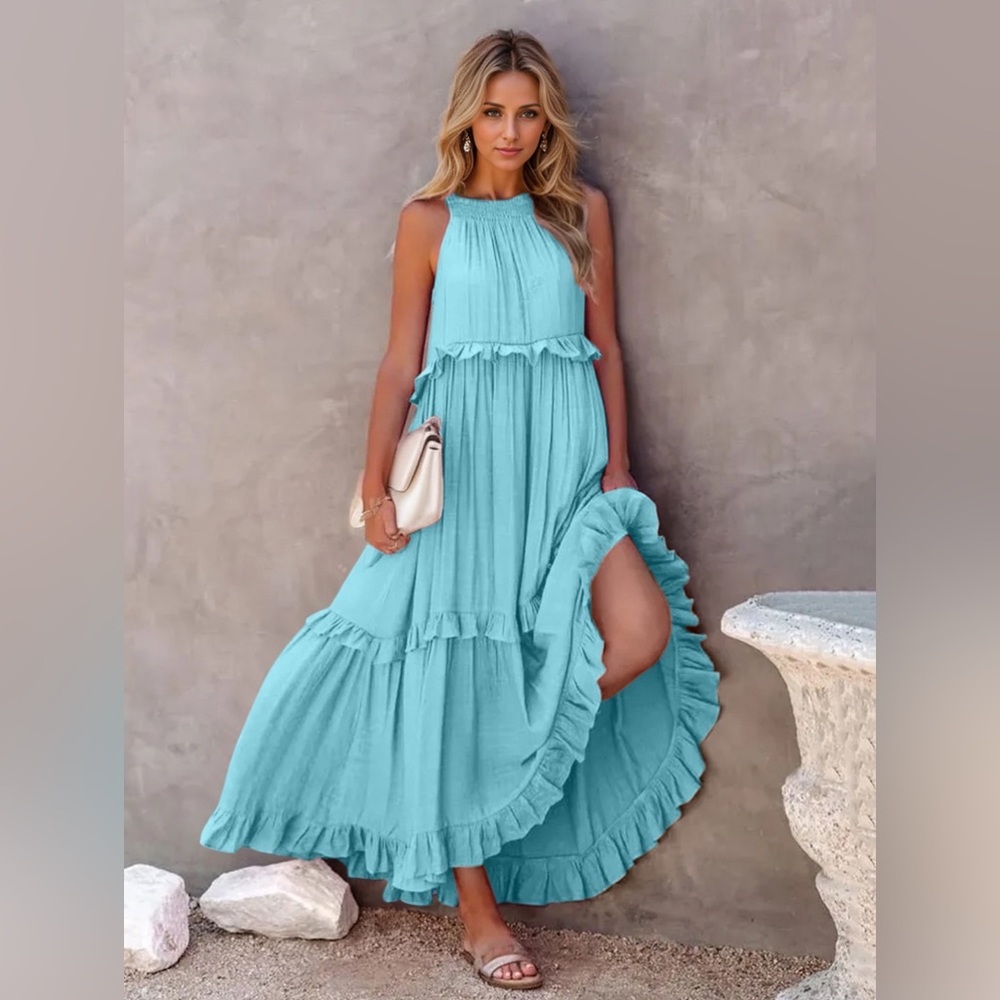 Sky Blue Ruffled Sleeveless Tiered Maxi Dress with Pockets